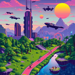 A vibrant pixel art depiction of a futuristic landscape, showcasing pixelated skyscrapers with retro neon lights, flying cars represented in 8-bit style, and a colorful pixelated sunset in the background