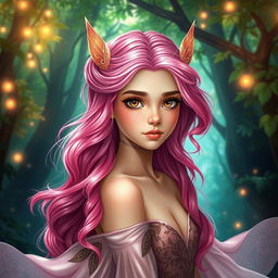 A young female fae inspired by the A Court of Thorns and Roses universe, featuring vibrant pink hair styled in long flowing waves, sparkling with magical essence