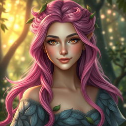 A young female fae inspired by the A Court of Thorns and Roses universe, featuring vibrant pink hair styled in long flowing waves, sparkling with magical essence