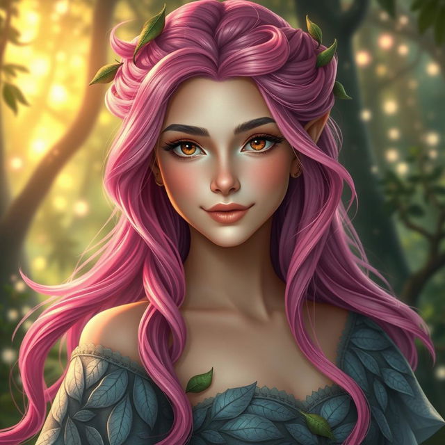 A young female fae inspired by the A Court of Thorns and Roses universe, featuring vibrant pink hair styled in long flowing waves, sparkling with magical essence