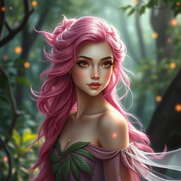 A young female fae inspired by the A Court of Thorns and Roses universe, featuring vibrant pink hair styled in long flowing waves, sparkling with magical essence