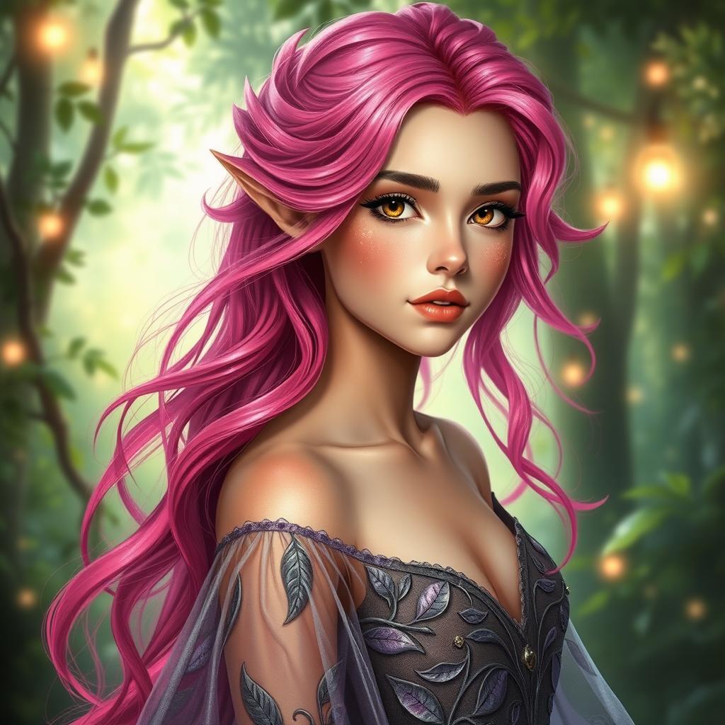 A young female fae inspired by the A Court of Thorns and Roses universe, featuring vibrant pink hair styled in long flowing waves, sparkling with magical essence