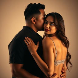 A 39-year-old Indonesian man with pure white skin is embracing a beautiful 28-year-old woman from behind, kissing her cheek affectionately