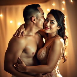 A 39-year-old Indonesian man with pure white skin is embracing a beautiful 28-year-old woman from behind, kissing her cheek affectionately