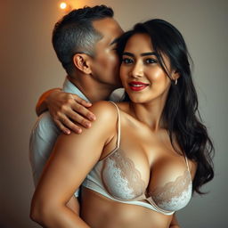 A 39-year-old Indonesian man with pure white skin is embracing a beautiful 28-year-old woman from behind, kissing her cheek affectionately