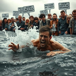 A dramatic scene depicting a man struggling in deep water while onlookers nearby express contempt or hatred towards him