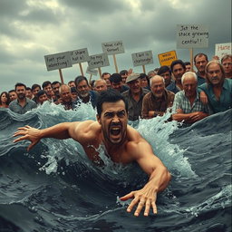 A dramatic scene depicting a man struggling in deep water while onlookers nearby express contempt or hatred towards him