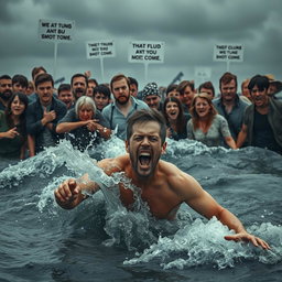A dramatic scene depicting a man struggling in deep water while onlookers nearby express contempt or hatred towards him