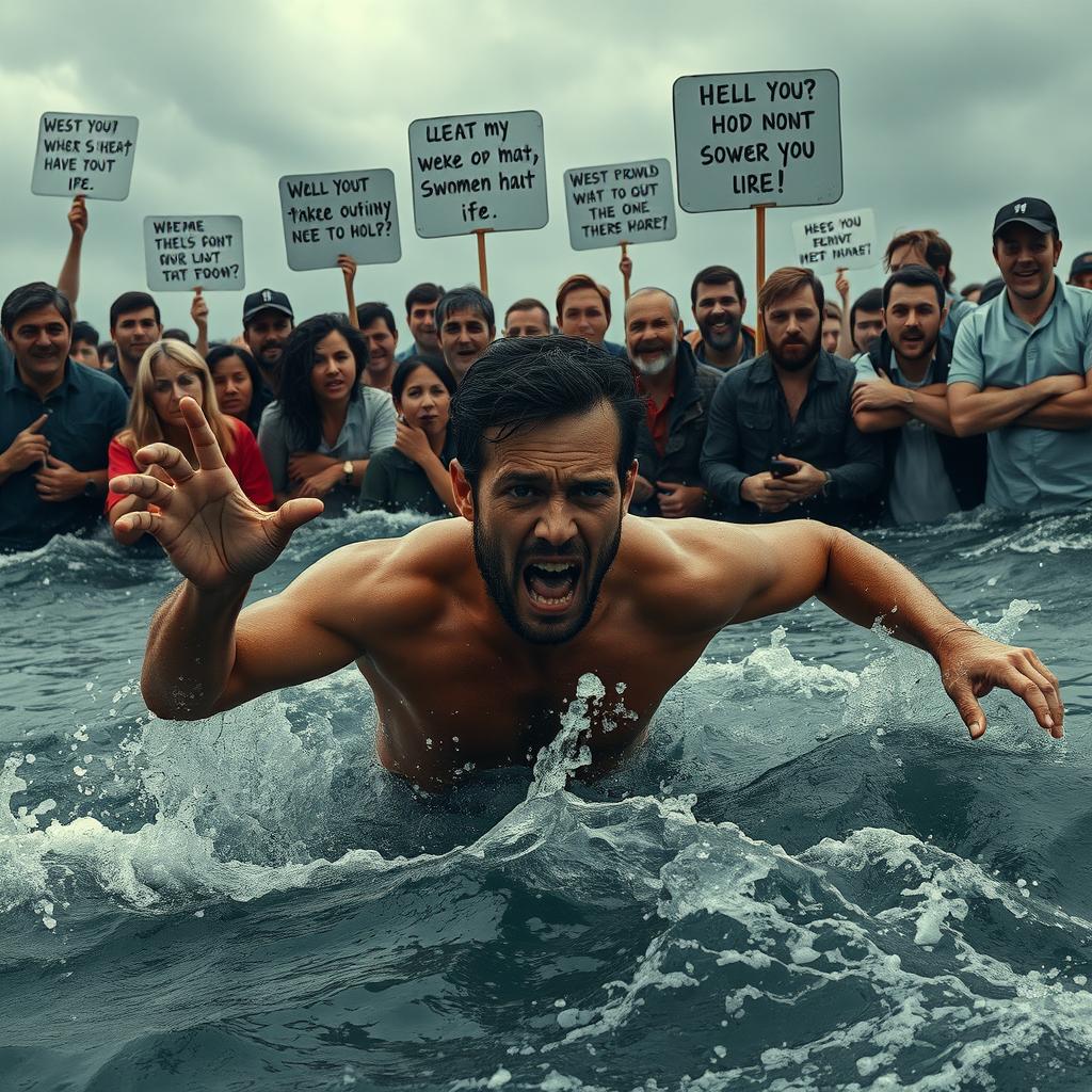 A dramatic scene depicting a man struggling in deep water while onlookers nearby express contempt or hatred towards him