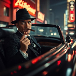A stylish gangster seated in a sleek black luxury car, wearing a classic fedora and a tailored pinstripe suit
