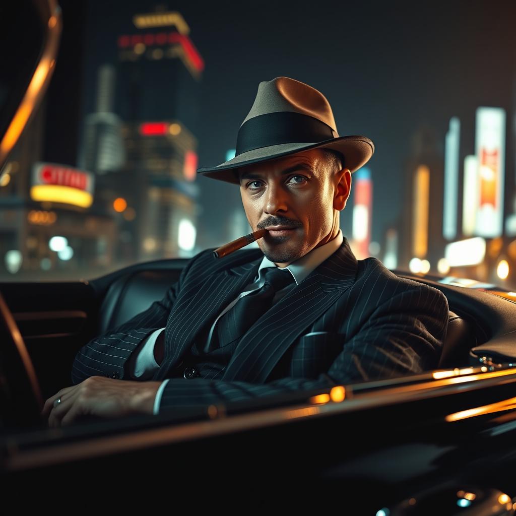 A stylish gangster seated in a sleek black luxury car, wearing a classic fedora and a tailored pinstripe suit