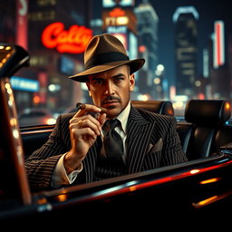 A stylish gangster seated in a sleek black luxury car, wearing a classic fedora and a tailored pinstripe suit