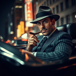 A stylish gangster seated in a sleek black luxury car, wearing a classic fedora and a tailored pinstripe suit