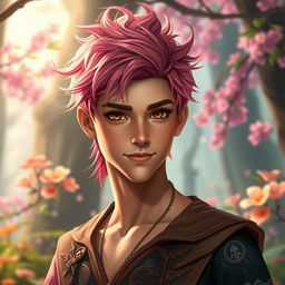 A young male fae inspired by the A Court of Thorns and Roses universe, featuring striking pink hair styled in a tousled, wavy look that gives him a playful yet charismatic appearance