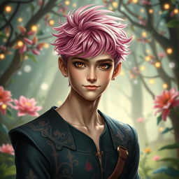 A young male fae inspired by the A Court of Thorns and Roses universe, featuring striking pink hair styled in a tousled, wavy look that gives him a playful yet charismatic appearance