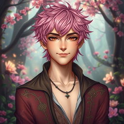 A young male fae inspired by the A Court of Thorns and Roses universe, featuring striking pink hair styled in a tousled, wavy look that gives him a playful yet charismatic appearance
