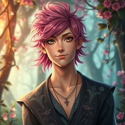 A young male fae inspired by the A Court of Thorns and Roses universe, featuring striking pink hair styled in a tousled, wavy look that gives him a playful yet charismatic appearance