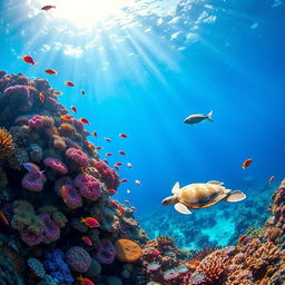 A vibrant underwater scene featuring a colorful coral reef teeming with diverse marine life