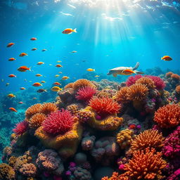 A vibrant underwater scene featuring a colorful coral reef teeming with diverse marine life