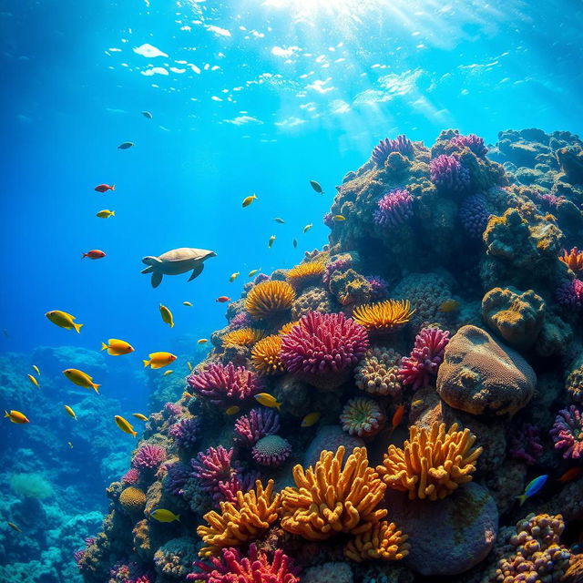 A vibrant underwater scene featuring a colorful coral reef teeming with diverse marine life