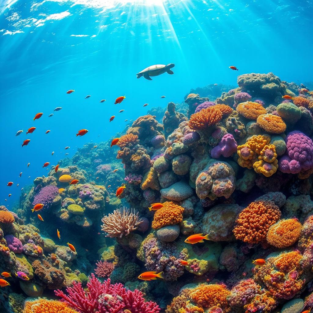 A vibrant underwater scene featuring a colorful coral reef teeming with diverse marine life