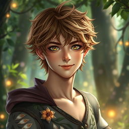 A young male fae inspired by the A Court of Thorns and Roses universe, featuring tousled, wavy light brown hair that adds a touch of wild charm to his look