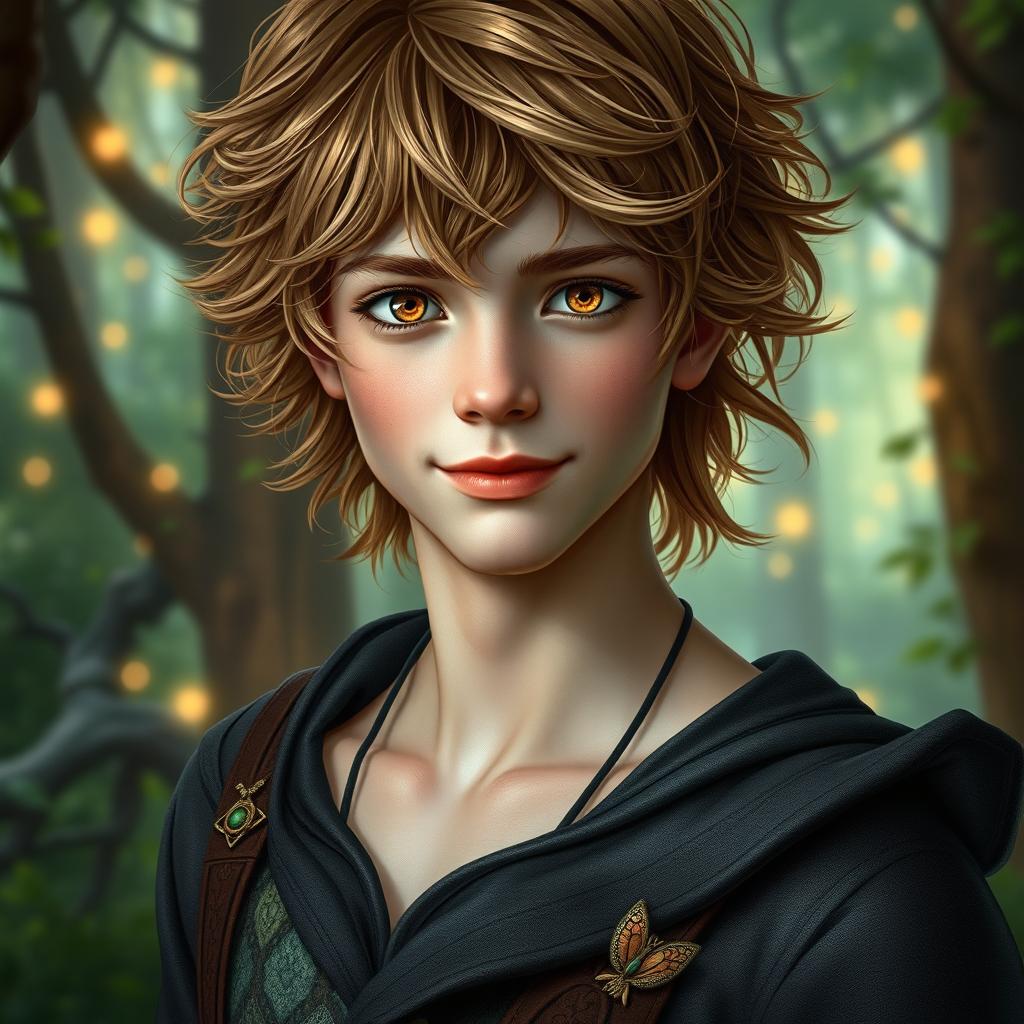 A young male fae inspired by the A Court of Thorns and Roses universe, featuring tousled, wavy light brown hair that adds a touch of wild charm to his look