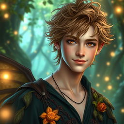 A young male fae inspired by the A Court of Thorns and Roses universe, featuring tousled, wavy light brown hair that adds a touch of wild charm to his look
