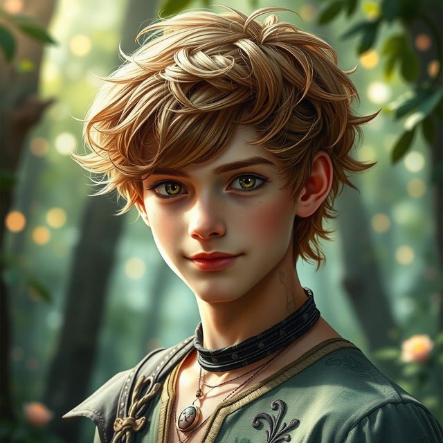 A young male fae inspired by the A Court of Thorns and Roses universe, featuring tousled, wavy light brown hair that adds a touch of wild charm to his look