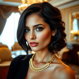 An elegant Romanian woman with dark hair and olive skin, displaying her striking black eyes and perfectly shaped lips