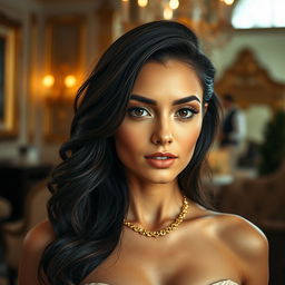 An elegant Romanian woman with dark hair and olive skin, displaying her striking black eyes and perfectly shaped lips