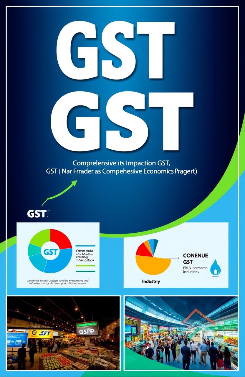 A comprehensive economics project titled "GST and Its Impact on GDP" featuring a visually engaging cover page that includes relevant graphics such as the GST logo, a rising graph representing GDP growth, and icons symbolizing economic activities like trade, commerce, and industries
