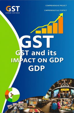 A comprehensive economics project titled "GST and Its Impact on GDP" featuring a visually engaging cover page that includes relevant graphics such as the GST logo, a rising graph representing GDP growth, and icons symbolizing economic activities like trade, commerce, and industries