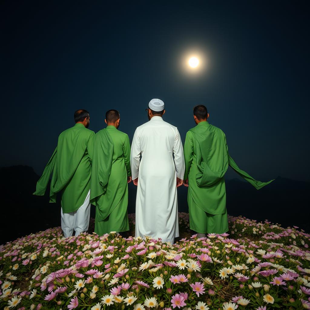 Five men standing on a mountain filled with blooming flowers