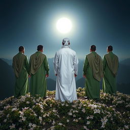 Five men standing on a mountain filled with blooming flowers