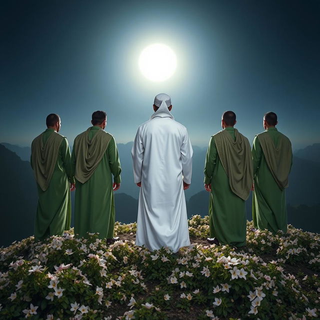 Five men standing on a mountain filled with blooming flowers