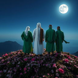 Five men standing on a mountain filled with blooming flowers