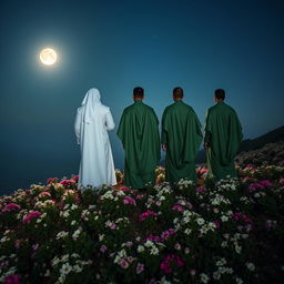 Five men standing on a mountain filled with blooming flowers