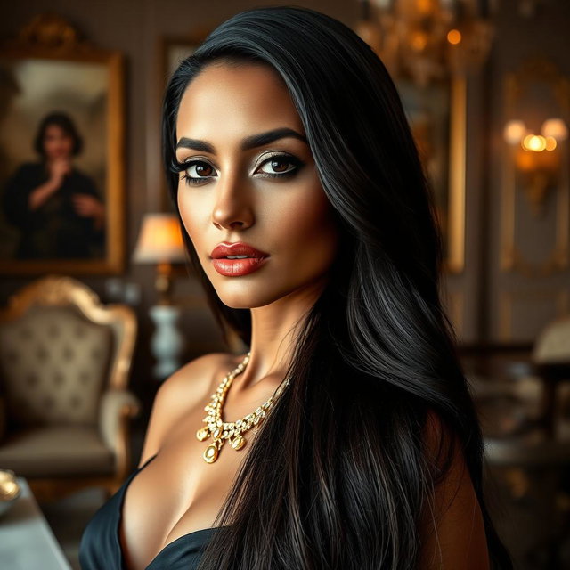 An elegant Romanian woman with long, dark hair cascading down her back, showcasing her beautiful olive skin