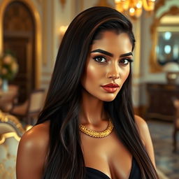 An elegant Romanian woman with long, dark hair cascading down her back, showcasing her beautiful olive skin