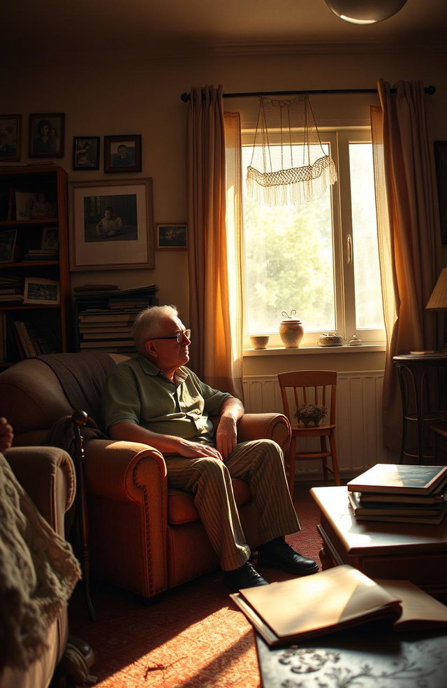 A dramatic and emotional portrayal of a father figure who is forgotten by his family, sitting alone in a cozy yet neglected living room