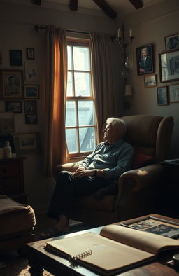 A dramatic and emotional portrayal of a father figure who is forgotten by his family, sitting alone in a cozy yet neglected living room