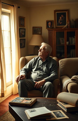 A dramatic and emotional portrayal of a father figure who is forgotten by his family, sitting alone in a cozy yet neglected living room