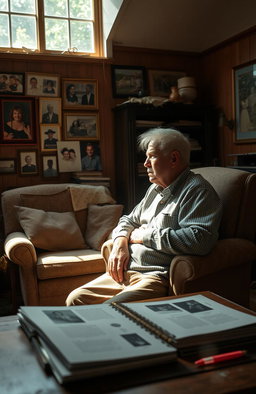 A dramatic and emotional portrayal of a father figure who is forgotten by his family, sitting alone in a cozy yet neglected living room
