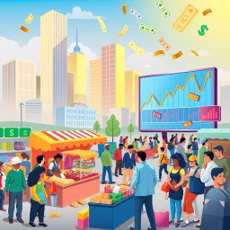 A vibrant and informative illustration depicting various aspects of economics