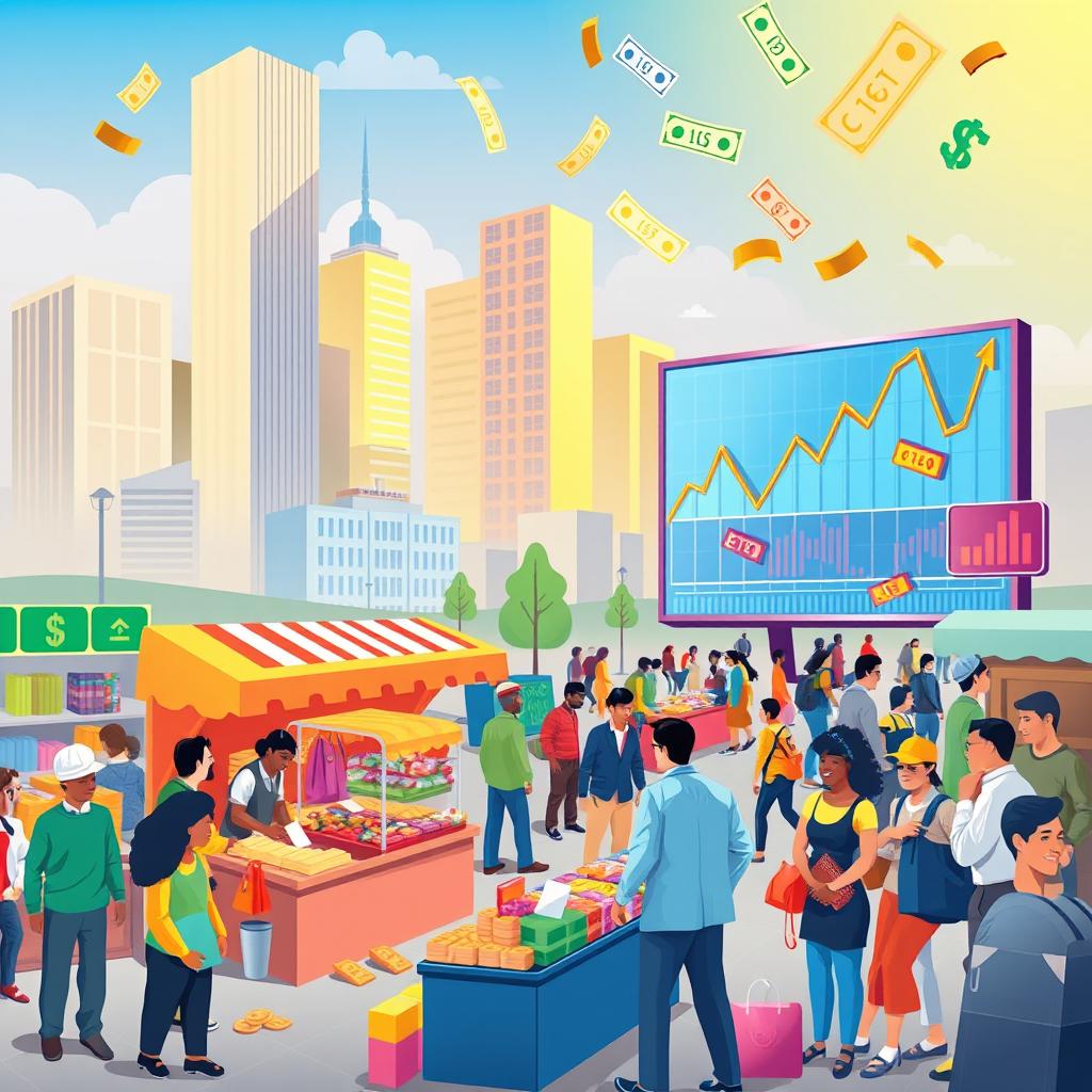 A vibrant and informative illustration depicting various aspects of economics