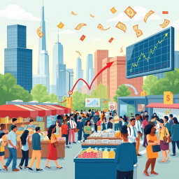 A vibrant and informative illustration depicting various aspects of economics