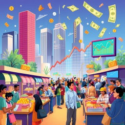 A vibrant and informative illustration depicting various aspects of economics