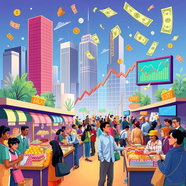 A vibrant and informative illustration depicting various aspects of economics