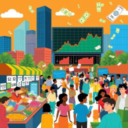 A vibrant and informative illustration depicting various aspects of economics